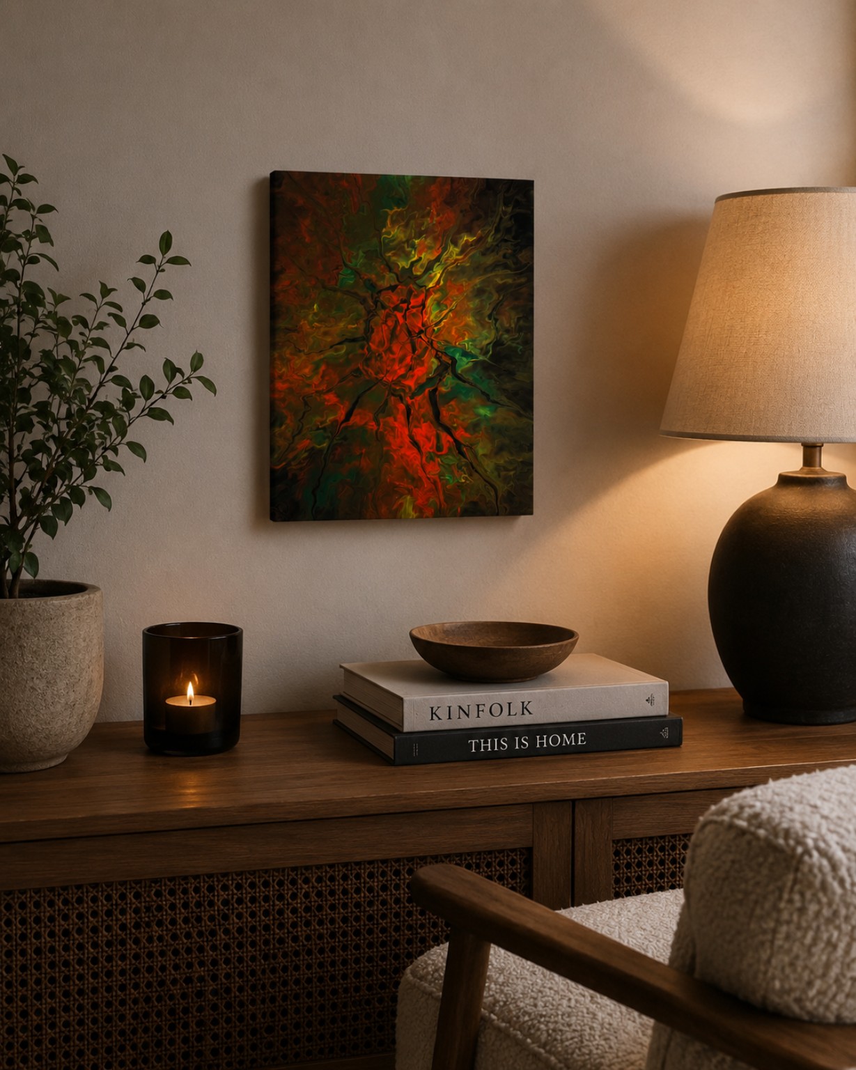 Red and green resin artwork in a warm interior