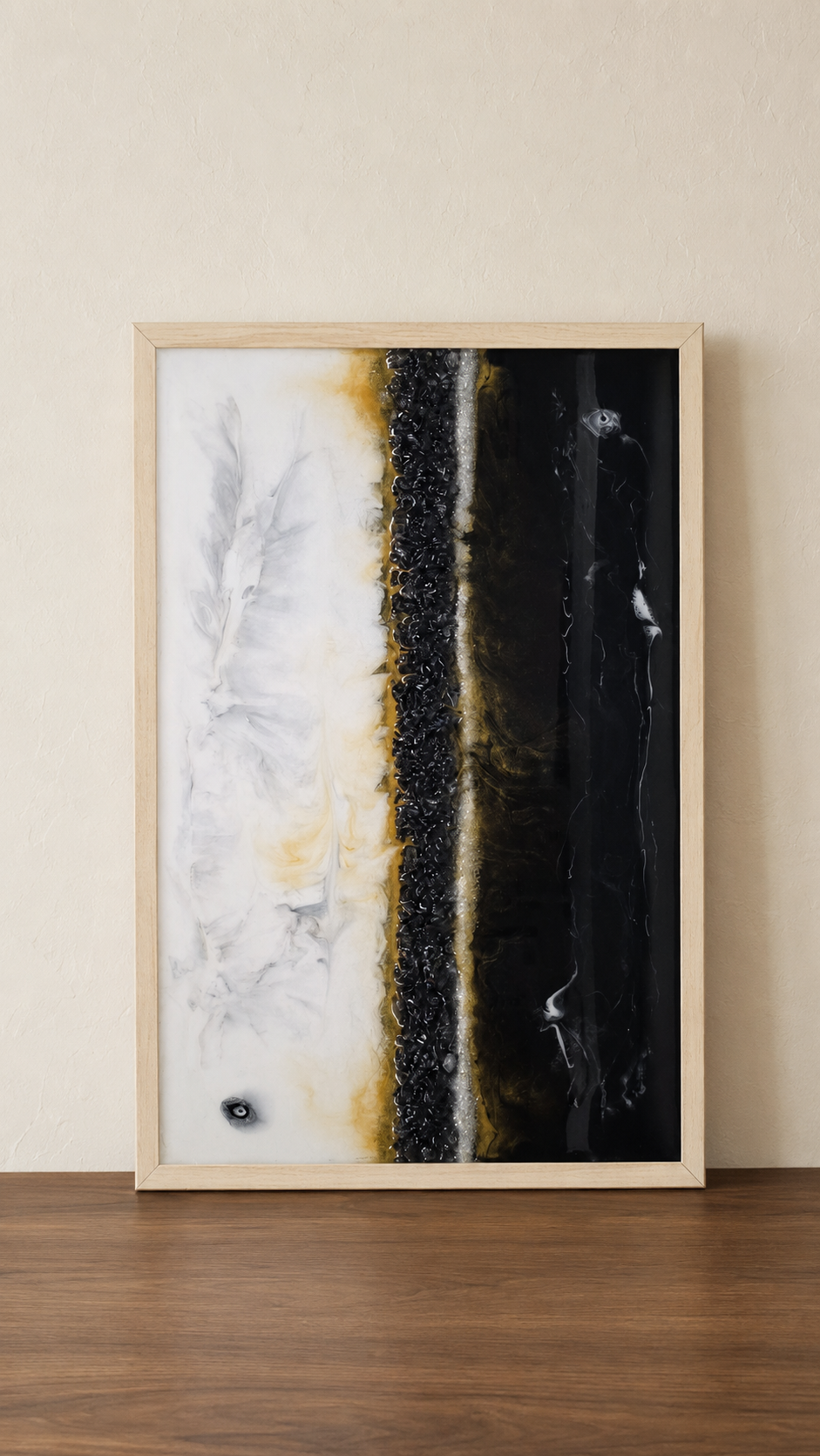 Black, white and gold resin artwork